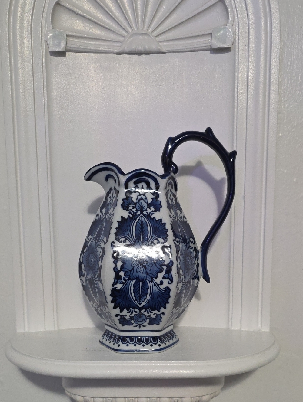 Vintage The Bombay Company Blue and White Ceramic Pitcher.
